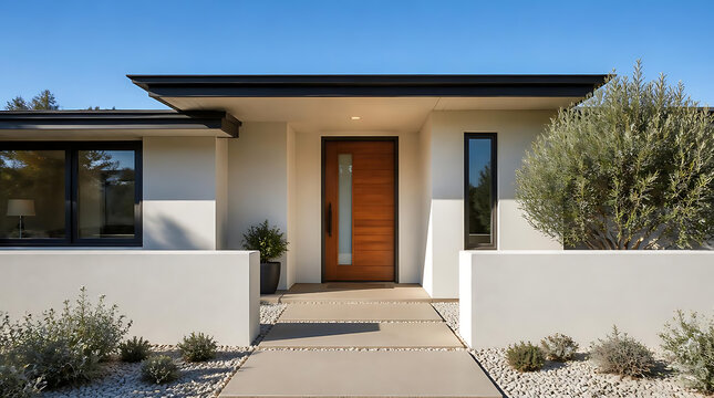 Modern minimalist house with clean lines and a welcoming entrance amidst desert landscaping and clear blue sky
