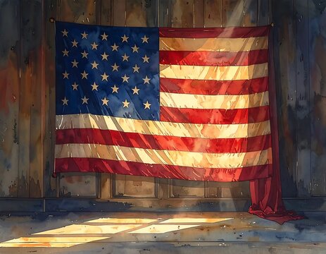 Watercolor painting of an American flag hanging in a rustic wooden barn with sunlight streaming through.
