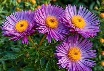 Fototapeta premium Autumn aster flowers in bloom purple and yellow petals garden and nature beauty seasonal floral background