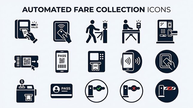Set of vector icons representing automated fare collection systems, transit tickets, and contactless payment methods for public transportation