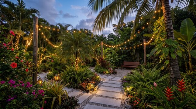 Enchanting tropical garden pathway illuminated by warm string lights at dusk