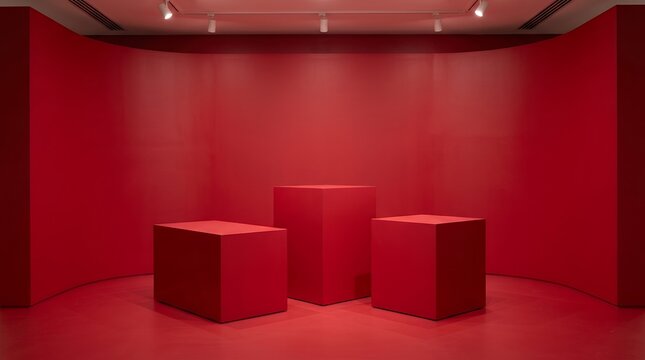 Solid crimson red exhibition display setting containing three blank geometric box pedestals for showcasing brand merchandise in a clean contemporary style minimal red colour three blank cube podium
