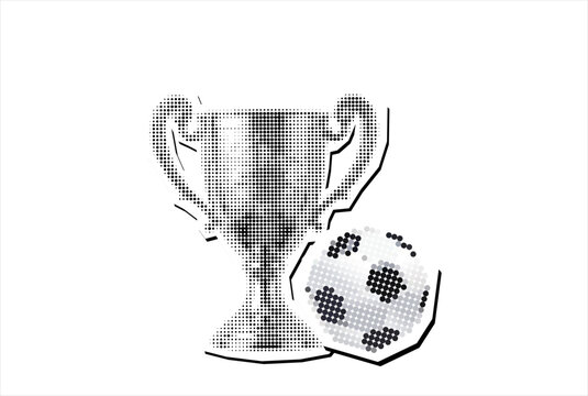 Vector collage element of a winner's trophy cup and a football ball, halftone newspaper style, sports victory concept