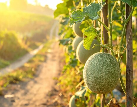Ripe cantaloupe melon growing on garden vine.