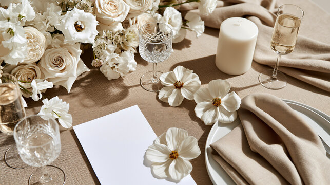 Elegant wedding flat lay with crystal glassware, sparkling drinks, floral arrangements and blank stationery, ideal for luxury reception decor and event planning content.
