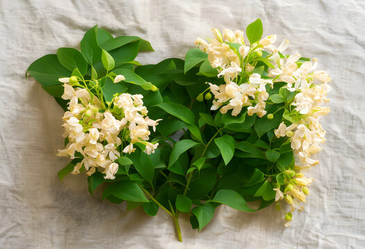Spring floral arrangement with white flowers and green leaves on a natural linen background, fresh botanical decor