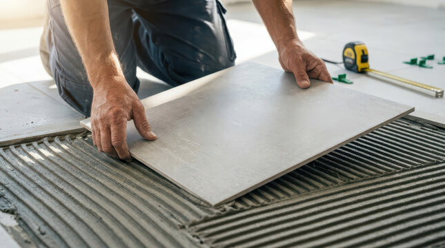 Professional construction worker installing large gray floor tiles over freshly spread adhesive mortar, hands positioning ceramic slab near linear drain, close up renovation and flooring work