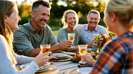 Obraz premium Multigenerational family raising glasses in toast at outdoor dinner table, joyful celebration with sparkling drinks, autumn harvest garden gathering, warm sunset lifestyle dining.