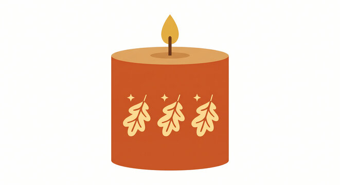 Orange autumn candle with oak leaves vector illustration for seasonal home decor design
