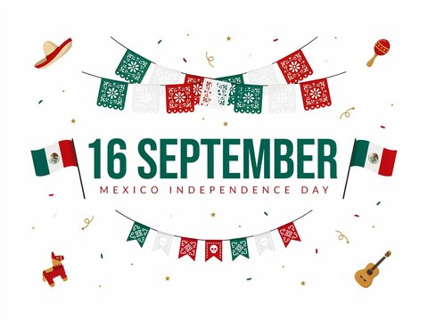 Mexican Independence Day greeting card with national flags, bunting, guitar, and pinata