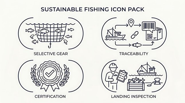 Vector line art icon pack illustrating sustainable fishing practices, marine conservation, and responsible seafood harvesting methods