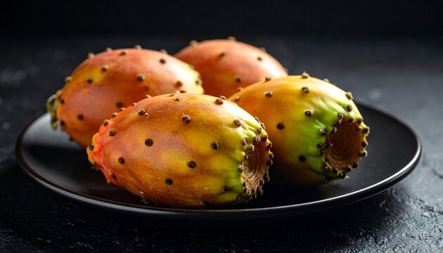 Fresh prickly pears on a black plate for healthy vegan diet and culinary concept