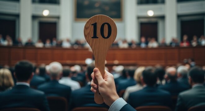 Auctioneer Holding Paddle Number Ten to Bidder Audience.