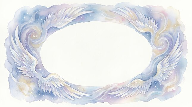Etherial watercolor atmospheric border presenting feathered celestial pinions surrounding a central elliptical void watercolor sky frame angel wing oval space center soft spiritual background memory