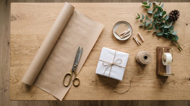 Top-down view of gift wrapping supplies laid out on a wooden table