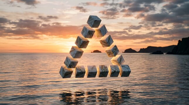 Surreal floating geometric triangle made of metallic cubes over a sunset ocean.