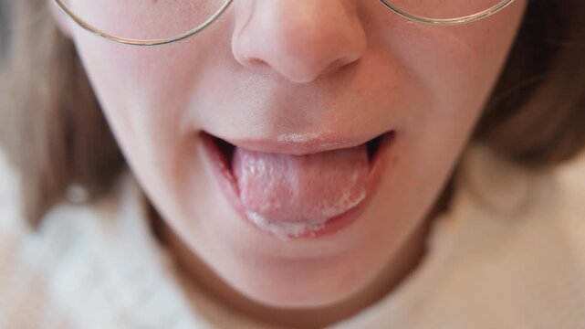 Tight frontal view of lower face showing young adult wearing round glasses, moving from tongue out to gentle closed smile while glittery cosmetic residue remains on upper lip and mouth corners