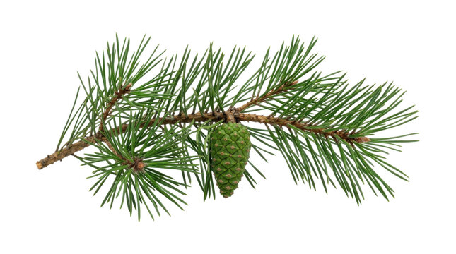 Horizontal Green Conifer Pine Branch with Green Pinecone