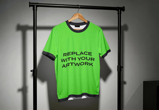 T-shirt mockup with black trim displayed on a wooden hanger hanging from clothing rack in studio setting neutral background and soft lighting, Template