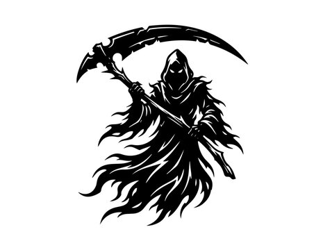 Grim reaper illustration with a scythe against a plain white background