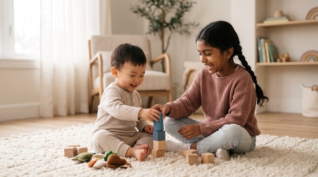 Two happy siblings playing together with wooden blocks on a rug