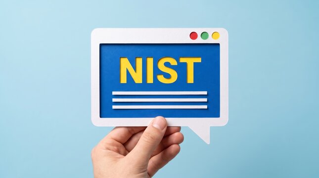 Hand holding a stylized digital screen showcasing NIST framework, data integrity, and cybersecurity protocols in a structured environment