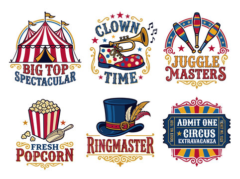 Vintage circus and carnival vector badge collection with tents, clowns, popcorn, and ringmaster elements.