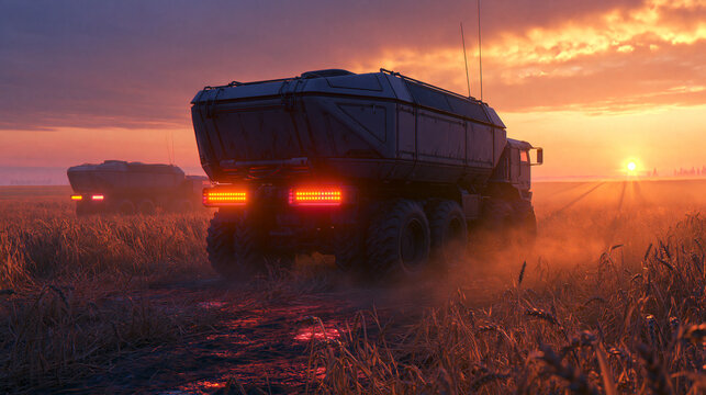 Heavy military truck convoy driving through dusty desert field during dramatic sunset.
