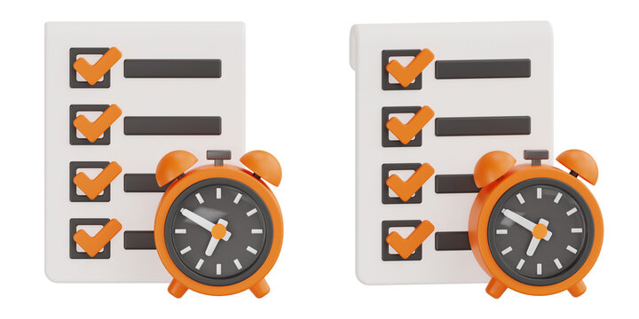 3d render orange alarm clock with checklist document for task planning