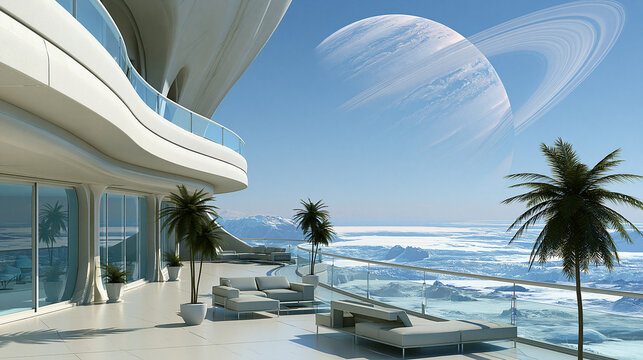 Futuristic white balcony architecture overlooking alien ocean landscape with large ringed planet in blue sky.
