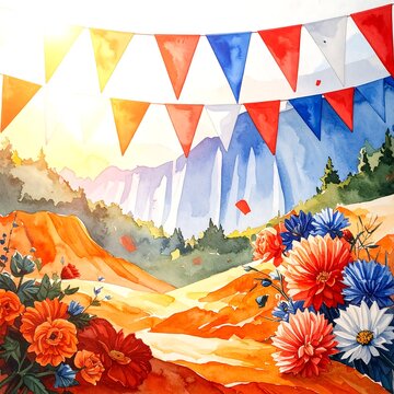 Watercolor Painting of Festive Mountain Landscape with Colorful Flowers and Bunting Flags.