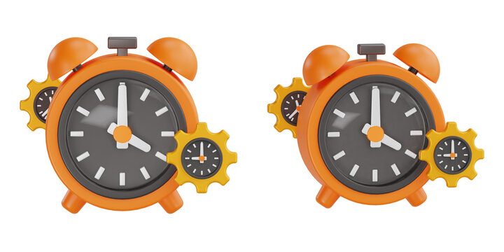 3d render orange alarm clock with gear cogs for productivity and optimization