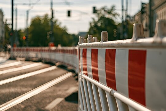 Temporary barricades line a street with a tram track and blurred background