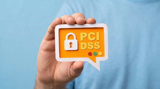 Hand holding a graphic with padlock and data security text. Symbolizing critical payment protection standards, highlighting digital compliance and secure financial transactions