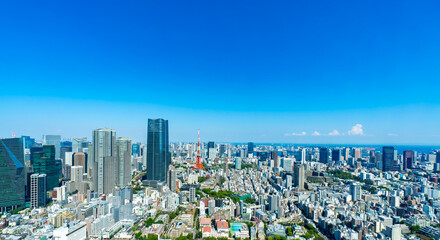 Obraz premium 広い青空と東京の街並みを望む都市パノラマ、日本