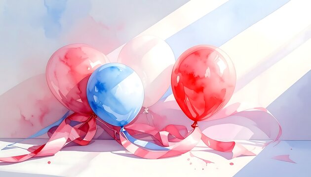 Watercolor painting of festive red and blue balloons with ribbons.