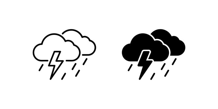 Stormy weather icon set with rain and lightning cloud for meteorology app.