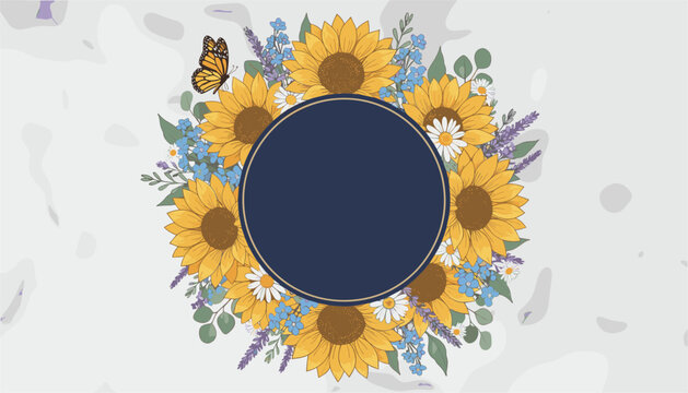 Circular dark blue frame surrounded by a vibrant wreath of sunflowers, wildflowers, and a monarch butterfly.