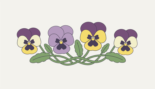 Horizontal border ornament of colorful yellow and purple pansy flowers with green stems and leaves on a white background.