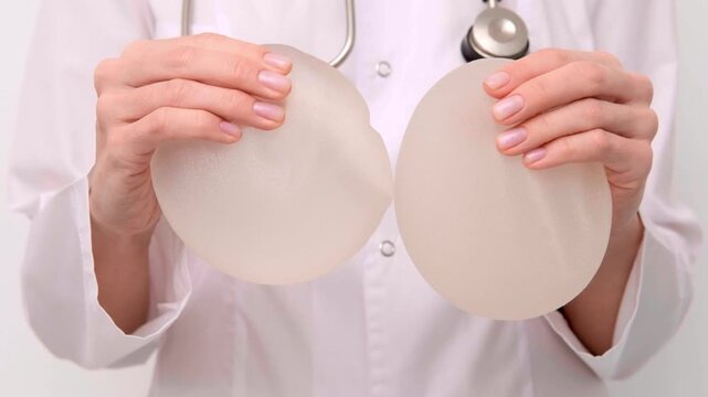 Doctor showing two breast implant options on a table during a medical consultation, healthcare advertising, plastic surgery, aesthetic medicine.