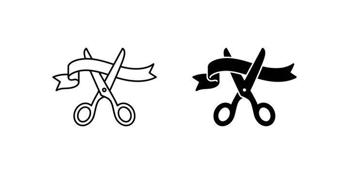 Opening ceremony scissors cutting ribbon design in black and line styles.