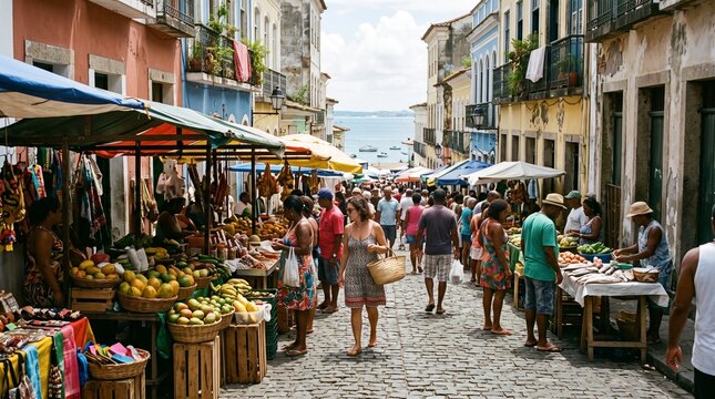 Lively street market scene with colorful stalls and people walking down cobblestone street