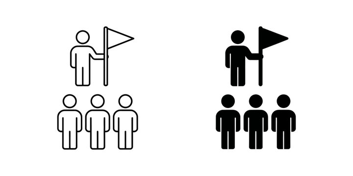 Leadership icon set with leader holding flag and team for management.
