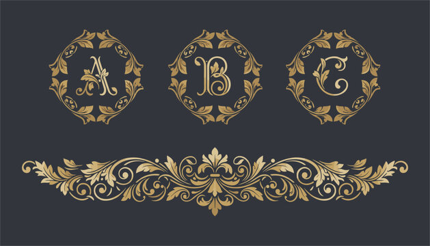 Golden baroque monograms of letters A, B, and C with an ornate decorative divider on a dark grey background.