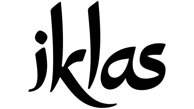 A dark, minimalist featuring the word iklas written in a flowing, cursive script font, isolated on a solid black background
