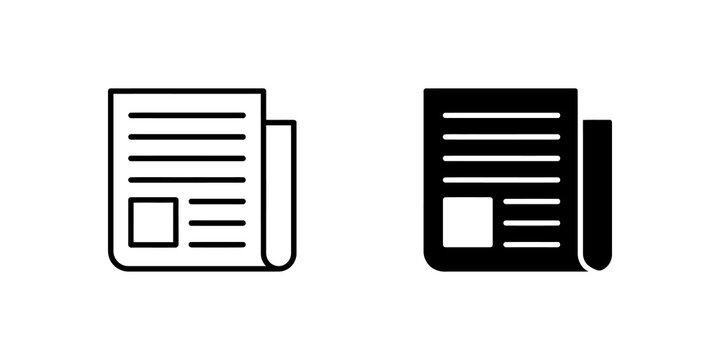 Black newspaper line and solid icons for news and media publication.