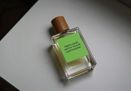 Glass perfume bottle mockup with wooden cap and label placeholder on a white surface, minimalist product presentation for branding packaging design, studio lighting, Template