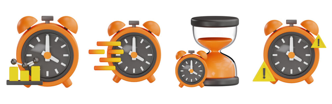 3D Time Management Set with Alarm Clock, Progress Bar Chart, Fast Motion, Hourglass and Warning Sign