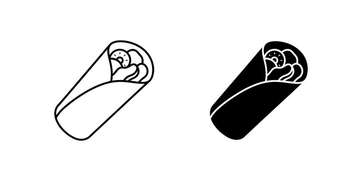 Burrito icon in black linear and silhouette style for culinary menus.