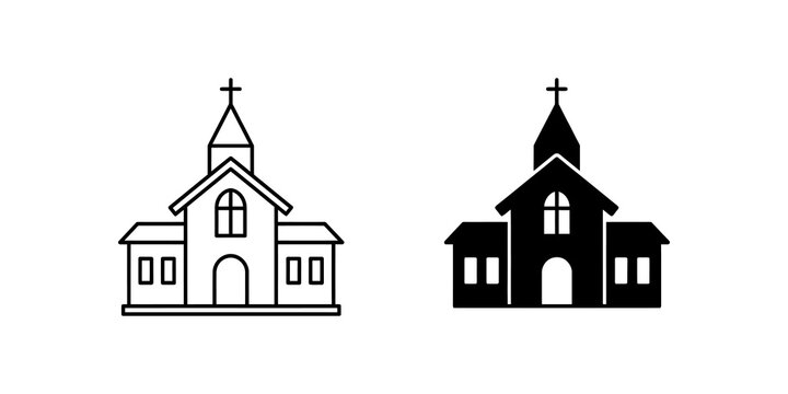 Church building silhouette icons with crosses for religious architecture.